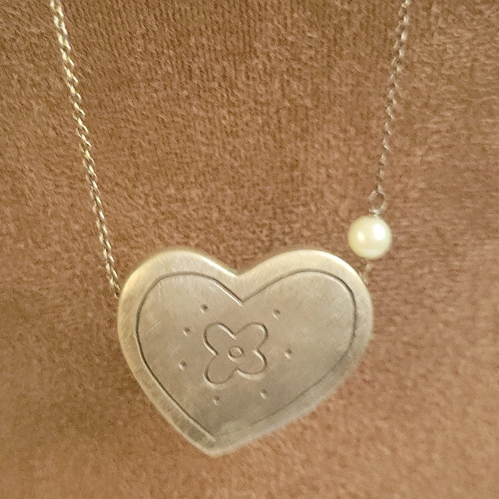 925 Sterling Silver Double Sided Heart Pearl 30 Inch Necklace Cottagecore
